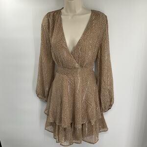 JAPNA Anthropologie Golden Metallic Fairy Dress Large V-neck Long Sleeve